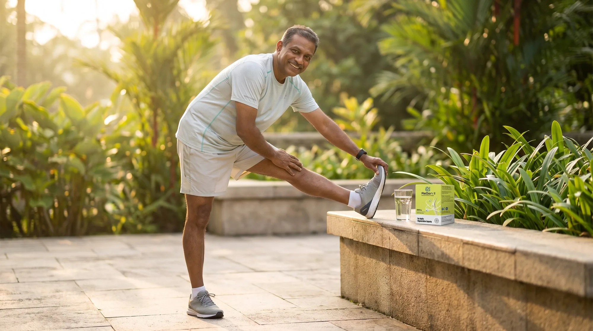 A smiling man stretching his leg on a garden ledge beside a glass of water and ReGen II